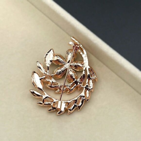Rose Gold with White Diamond and Opal Crystal Flower and Leaf Pin Back Brooch - Picture 7 of 9
